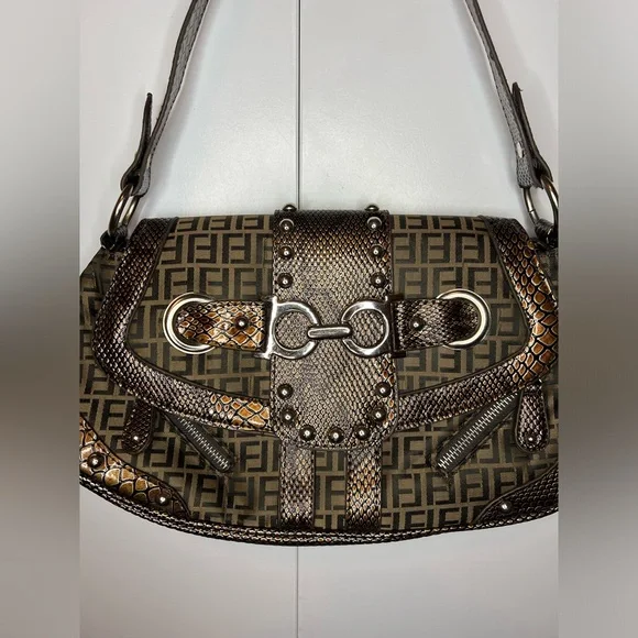 Y2K Monogram Shoulder Bag Brown Snakeskin Trim Fiorelli Vintage 2000s - Picture 3 of 10